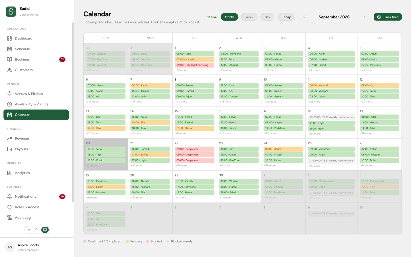 The pitch calendar in the vendor portal