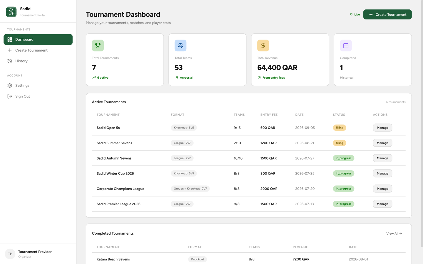 The Sadid organiser dashboard showing a tournament's teams, fixtures and standings