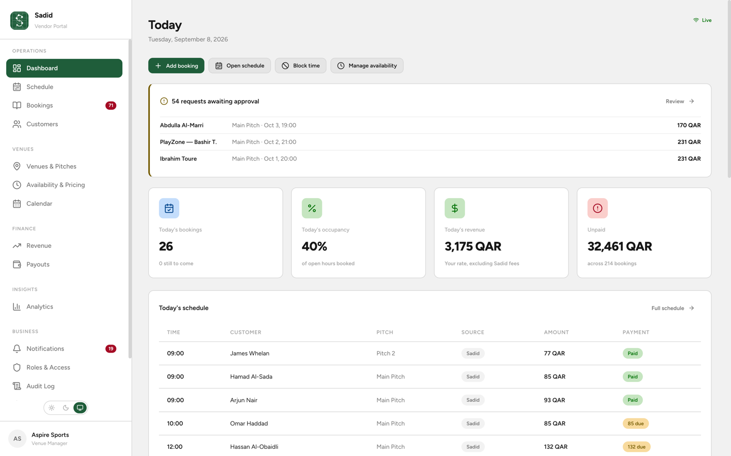 The Sadid vendor portal showing a venue's bookings, occupancy and revenue